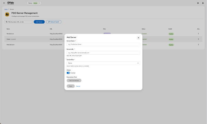Add server form with name, URL, role selection, and connection test button