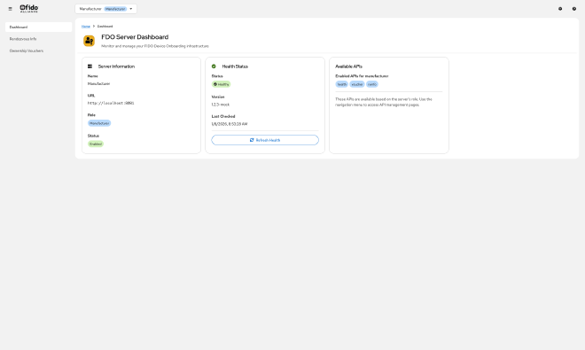 Navigation menu showing role-specific APIs for Manufacturer server