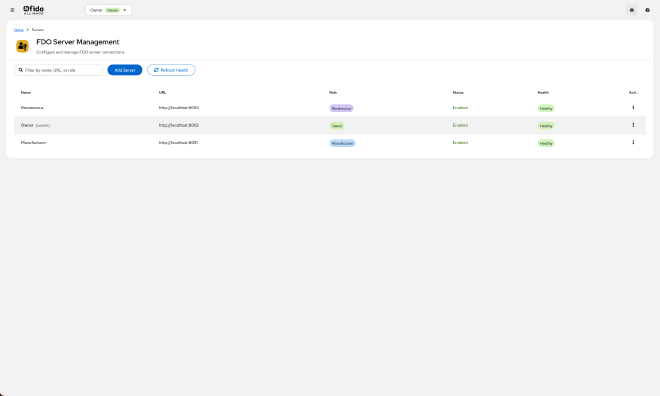 Server management table showing all configured servers with roles, status, and actions